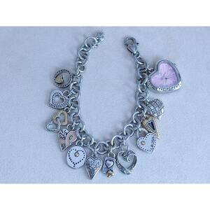 Brighton Power Of Pink Charm Watch Bracelet Breast Cancer Hearts Silver 7-8"